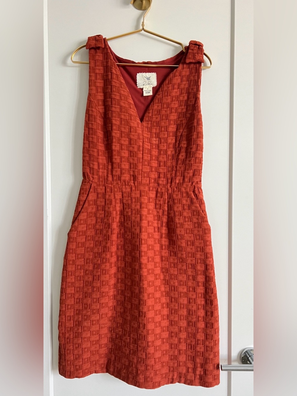 Anthropologie Tabitha Tema Basket Weave Textured Terracotta Dress Size 8 Bow - Picture 9 of 16